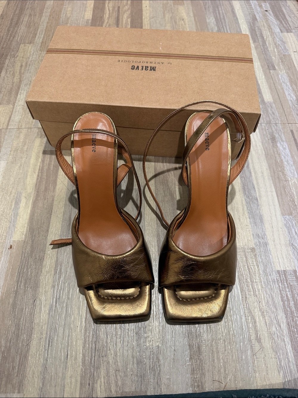 Maeve Metallic Bronze Square-Toe Slingback Heels with Ankle Wrap size 10